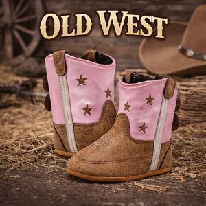 Old West Lia Pink Poppets Infant Cowboy Boots Star Round Toe Size 1